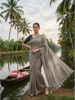 Tikhi Imli - Grey Poly Cotton Embellished Saree With Unstitched Blouse