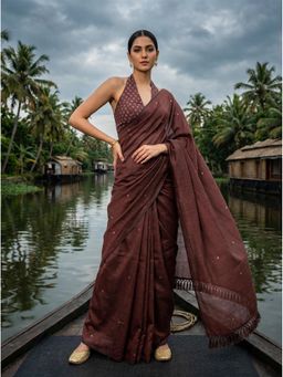 Tikhi Imli - Brown Poly Cotton Embellished Saree With Unstitched Blouse