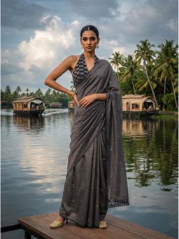 Tikhi Imli - Dark Grey Poly Cotton Embellished Saree With Unstitched Blouse