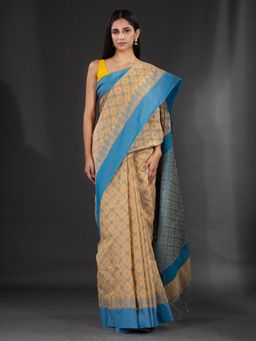 CHARUKRITI - Beige Handspun Cotton Hand Woven Soft Saree with Floral Design with Unstitched Blouse