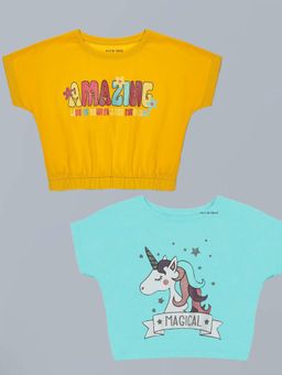 PLUM TREE - Girls Stretchable Elastic Waist Crop T-Shirts-Multi-Color (Pack of 2)