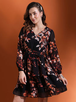 Globus - Women Black Floral Print Layered Dress (Set of 2)