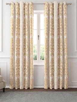 GM - Damask Jacquard Room Darkening Curtains 7 Feet in Sand Colour (Set of 2)