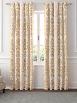 GM - Damask Jacquard Room Darkening Curtains 7 Feet in Sand Colour (Set of 2)