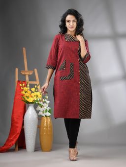 CHARUKRITI - Maroon Cotton Printed Straight Kurta