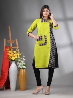 CHARUKRITI - Lime Green Cotton Printed Straight Kurta