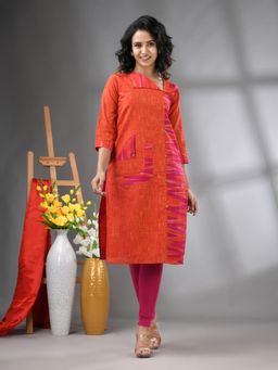 CHARUKRITI - Orange Cotton Printed Straight Kurta