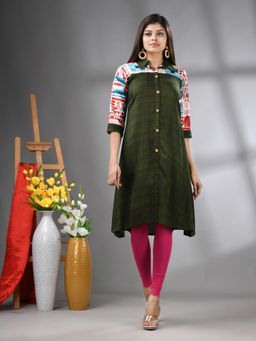 CHARUKRITI - Moss Green Rayon Printed A-Line Kurta