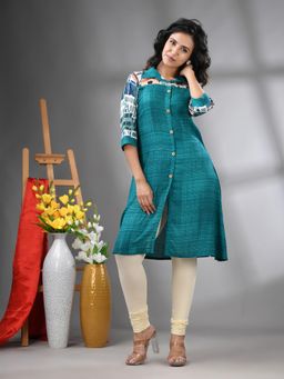 CHARUKRITI - Turquoise Rayon Printed A-Line Kurta