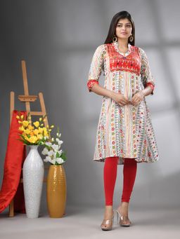 CHARUKRITI - White Cotton Printed A-Line Kurta with Sequence Work
