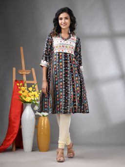 CHARUKRITI - Black Cotton Printed A-Line Kurta with Sequence Work