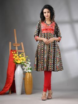 CHARUKRITI - Black Cotton Printed A-Line Kurta with Sequence Work