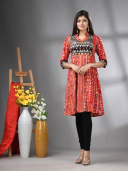 CHARUKRITI - Red Cotton Printed A-Line Kurta with Sequence Work