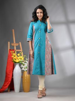 CHARUKRITI - Sea Blue Cotton Paisley Printed A-Line Kurta