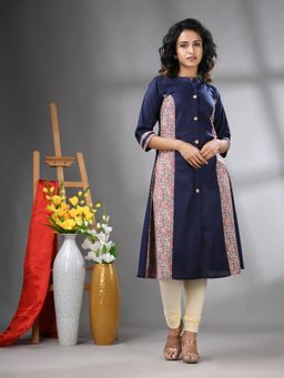 CHARUKRITI - Navy Blue Cotton Paisley Printed A-Line Kurta