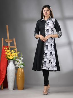 CHARUKRITI - Black Printed Cotton A-Line Kurta