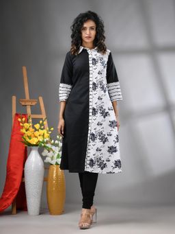 CHARUKRITI - Black Floral Printed Cotton A-Line Kurta