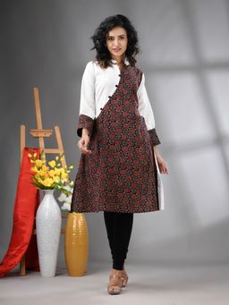 CHARUKRITI - White Ajrakh Floral Printed Cotton A-Line Kurta