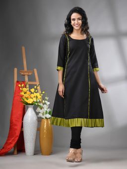 CHARUKRITI - Green Solid Cotton A-Line Kurta
