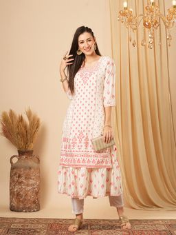 Globus - Women Off White Gold Foil Floral Print Layered A-Line Festive Kurta