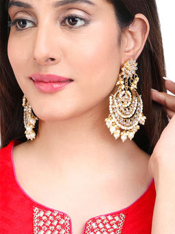 Yellow Chimes - Gold Plated Traditional Kundan Studded Chandbali Earrings for Women
