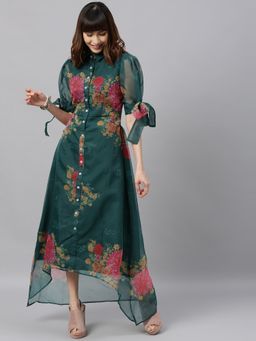 Ethnovog - Ready To Wear Green Digital Printed Organza High N Low Dress