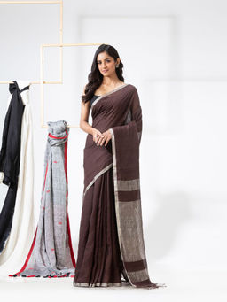 Angoshobha - Dark Brown Handloom Linen Saree with Unstitched Blouse