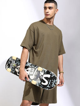 HIGHLANDER - Men Textured Olive Oversized Co-Ord (Set of 2)