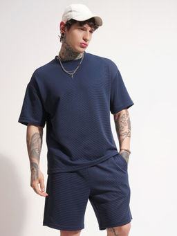 HIGHLANDER - Men Navy Blue Textured Round Neck Oversized Co-Ord (Set of 2)
