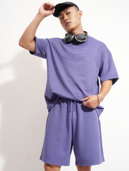 HIGHLANDER - Men Purple Textured Round Neck Oversized Co-Ord (Set of 2)