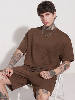 HIGHLANDER - Men Brown Textured Round Neck Oversized Co-Ord (Set of 2)