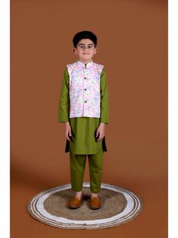 KALP - Floral Jacket and Olive Green Kurta (Set of 3)