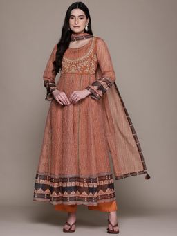 Aarke Ritu Kumar - Rust Jharna Kurta with Wide Leg Pant and Dupatta (Set of 3)