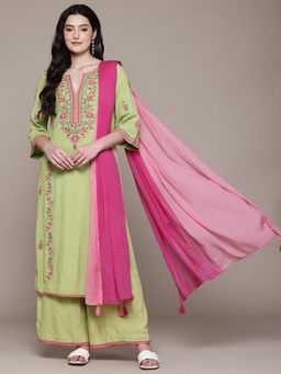 Aarke Ritu Kumar - Green Monroue Kurta with Palazzo and Dupatta (Set of 3)