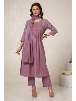 Soch - Womens Pink Cotton Slub Solid Kurta with Pant and Dupatta With Lace (Set of 3)