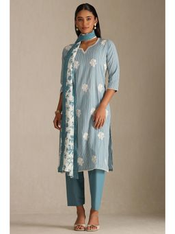 Soch - Womens Blue Pure Cotton Striped Kurta with Pant and Dupatta (Set of 3)