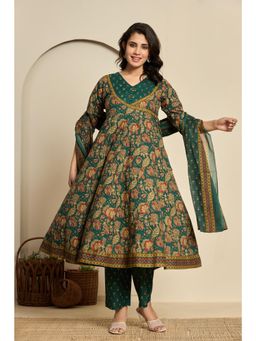 Do Dhaage - Green cotton printed Anarkali kurta with Pant and Dupatta (Set of 3)