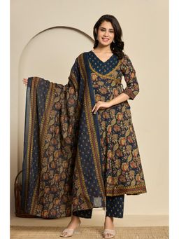 Do Dhaage - Navy blue cotton printed Anarkali kurta with Pant and Dupatta (Set of 3)