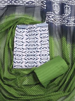 SALWAR STUDIO - Pure Cotton Unstitched Dress Material with Contrast Salwar - Green Grey (Set of 3)