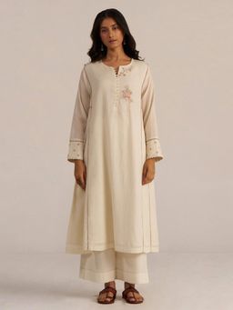 Ganga Fashions - Off-White Hand Embroidered Kurta with Pant (Set of 2)