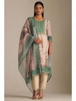 Soch - Womens Beige Linen Botanical Print Kurta with Pant & Dupatta (Set of 3)