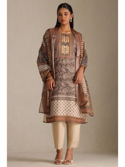 Soch - Womens Brown Linen Botanical Print Kurta with Pant and Dupatta With Cutdana (Set of 3)