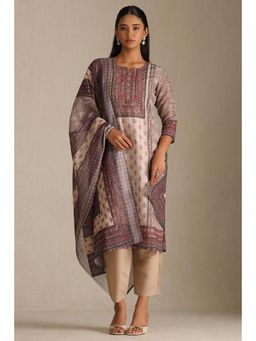 Soch - Womens Beige Linen Botanical Print Kurta with Pant and Dupatta With Cutdana (Set of 3)