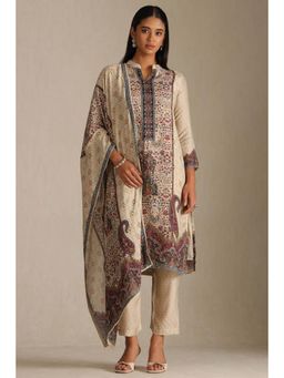 Soch - Womens Beige Viscose Muslin Ethnic Motifs Kurta with Pant & Dupatta (Set of 3)