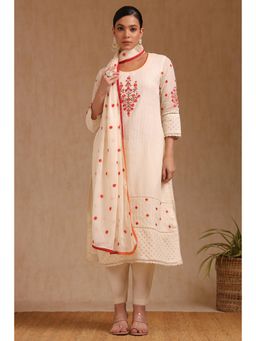 Soch - Womens Off White Cotton Embroidered Kurta with Pant & Dupatta (Set of 3)