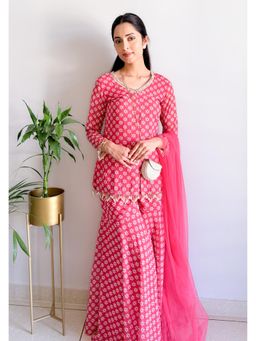 Label Kanupriya - Ruby Red Printed Sharara with Kurti and Dupatta (Set of 3)