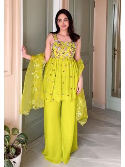 Label Kanupriya - Parrot Green Embroidered Palazzo with Kurti and Dupatta (Set of 3)