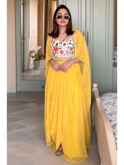 Label Kanupriya - Yellow Embroidered Crop-Top with Skirt and Jacket (Set of 3)