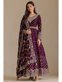 Soch - Womens Wine Dupion Silk Anarkali Kurta With Dupatta and Belt Stones And Sequins (Set of 3)