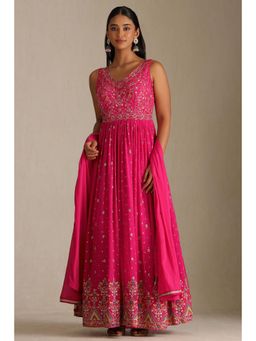 Soch - Womens Fuchsia Butter Crepe Embroidered Kurta with Churidar & Dupatta Zari (Set of 3)